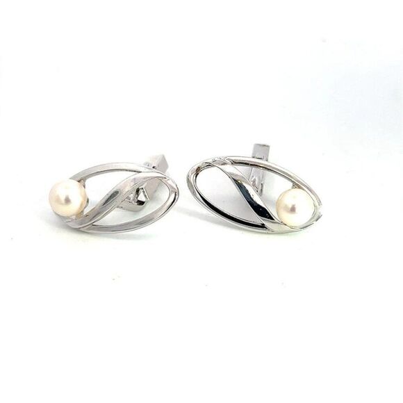Mikimoto Estate Akoya Pearl Mens Cufflinks Sterling Silver 6.7 mm M392 - Picture 1 of 8